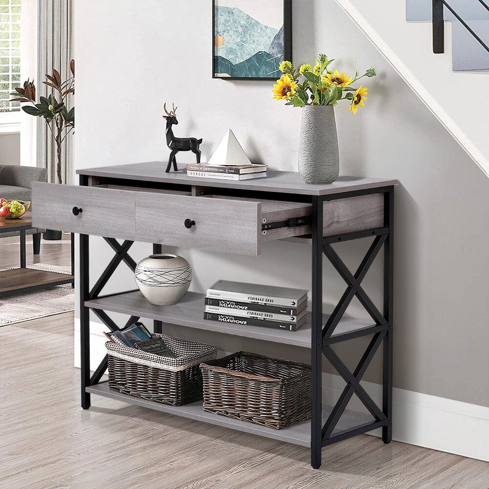 100 cm W Rustic Grey Narrow Wooden Console Table with Drawers