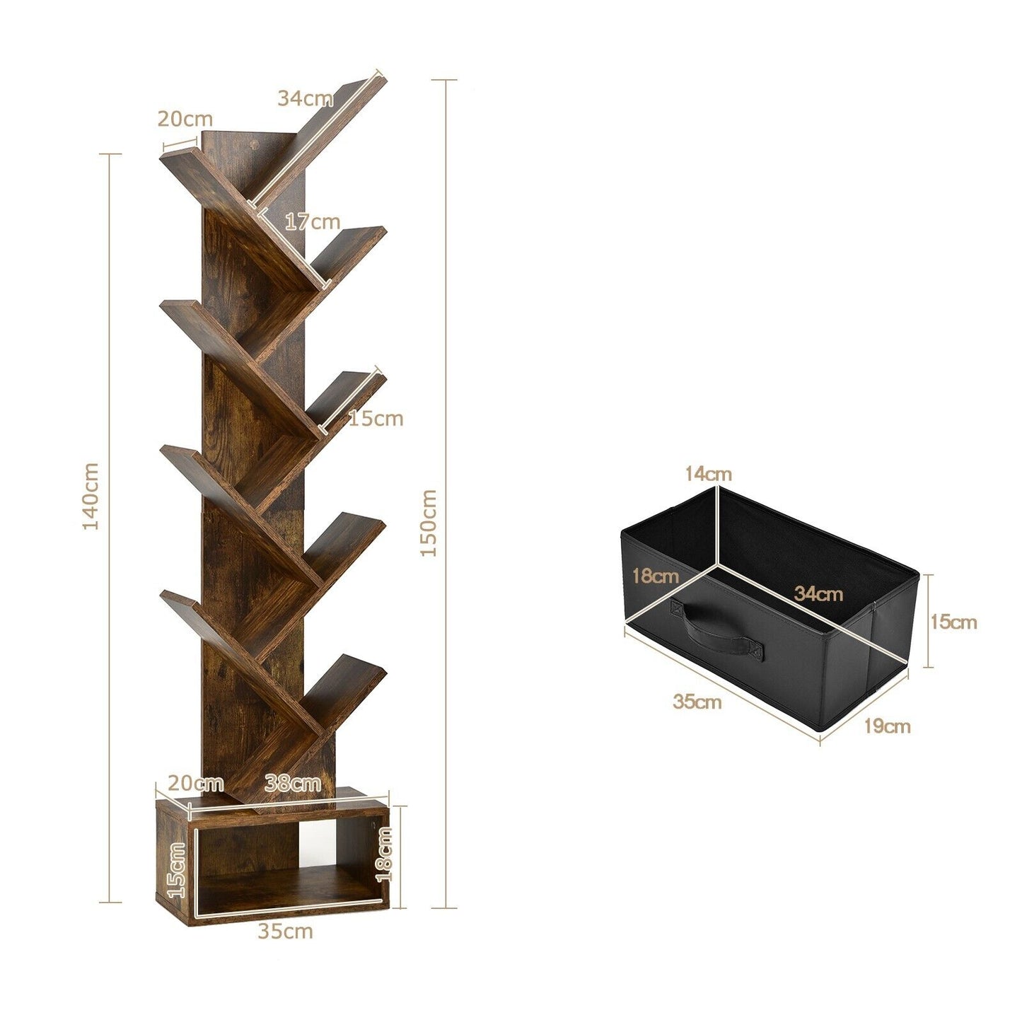 10-Tier Freestanding Tree Bookshelf with Drawer-Rustic Brown