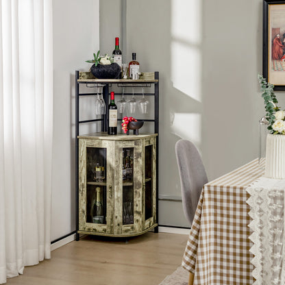 Industrial Corner Bar Wine Cabinet with Metal Mesh Doors and Adjustable Shelf-Rustic Brown