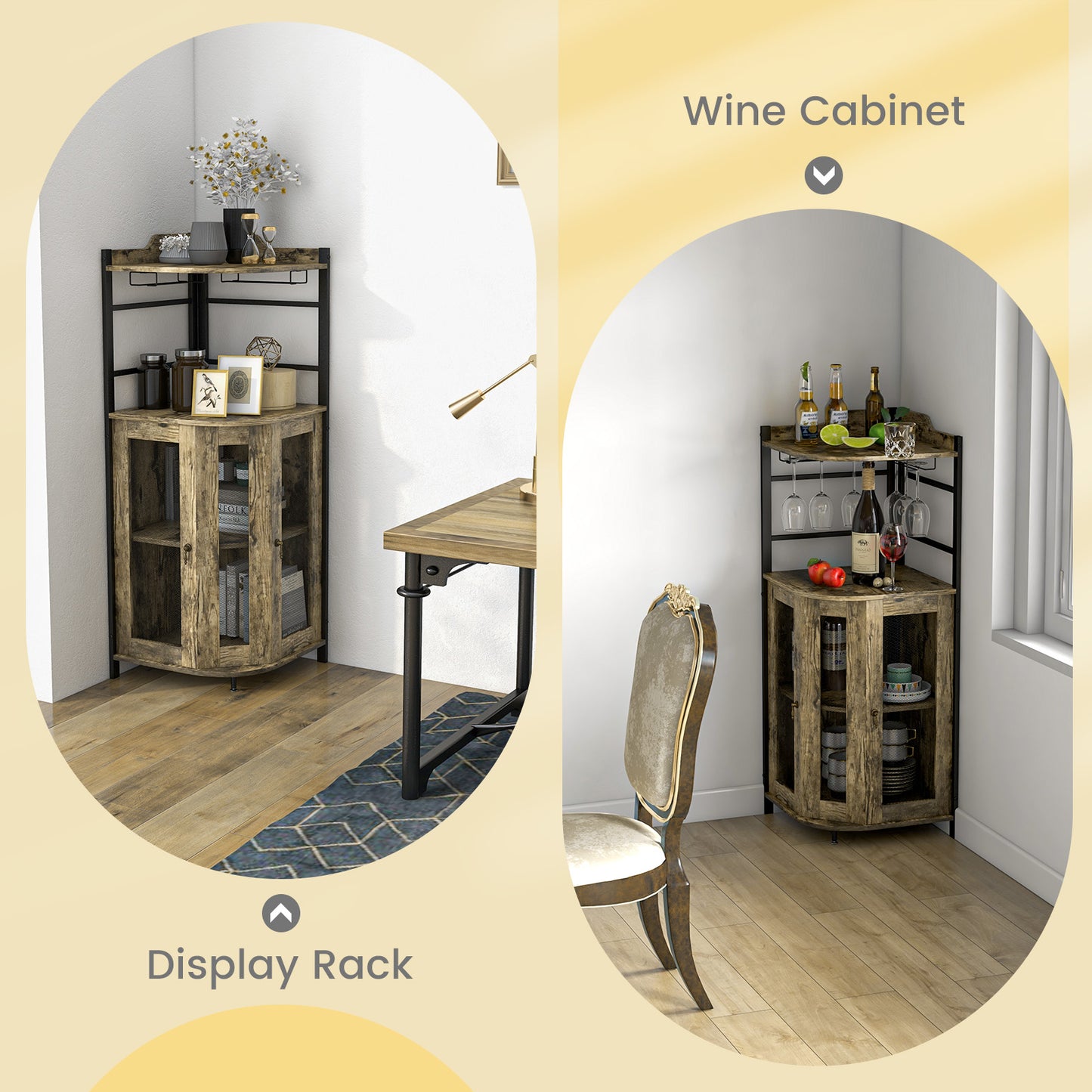 Industrial Corner Bar Wine Cabinet with Metal Mesh Doors and Adjustable Shelf-Rustic Brown