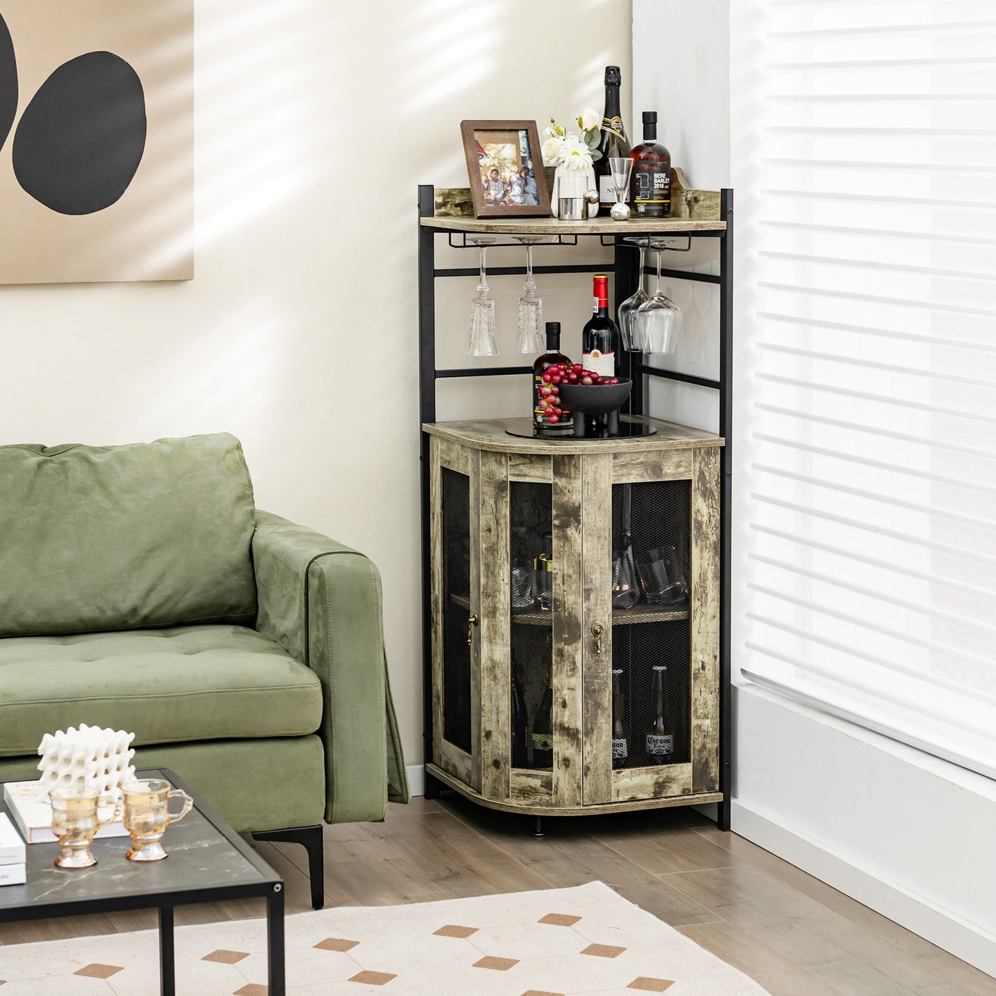 Industrial Corner Bar Wine Cabinet with Metal Mesh Doors and Adjustable Shelf-Rustic Brown