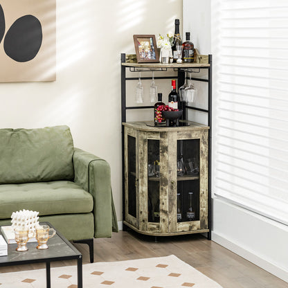 Industrial Corner Bar Wine Cabinet with Metal Mesh Doors and Adjustable Shelf-Rustic Brown