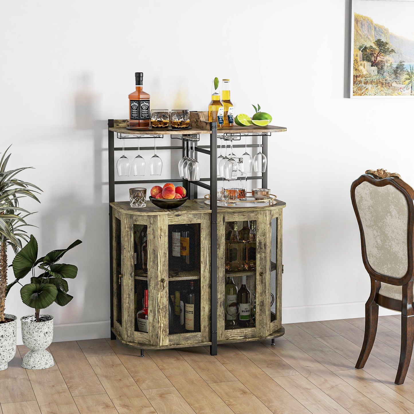 Industrial Corner Bar Wine Cabinet with Metal Mesh Doors and Adjustable Shelf-Rustic Brown