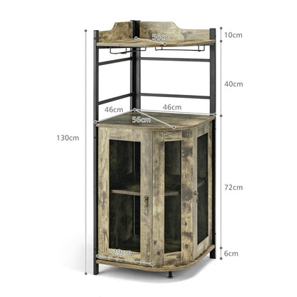 Industrial Corner Bar Wine Cabinet with Metal Mesh Doors and Adjustable Shelf-Rustic Brown