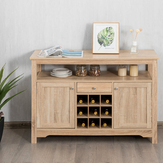 Rustic Cupboard Storage Organizer with 2 Cabinets and 1 Drawer 9-Bottle Wine Rack-Natural