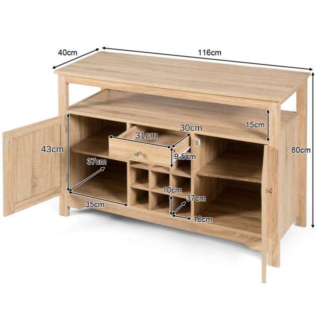 Rustic Cupboard Storage Organizer with 2 Cabinets and 1 Drawer 9-Bottle Wine Rack-Natural