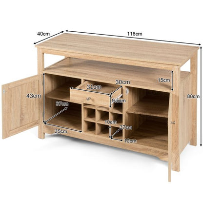Rustic Cupboard Storage Organizer with 2 Cabinets and 1 Drawer 9-Bottle Wine Rack-Natural