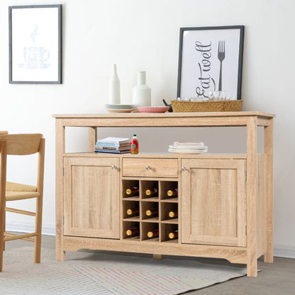 Rustic Cupboard Storage Organizer with 2 Cabinets and 1 Drawer 9-Bottle Wine Rack-Natural
