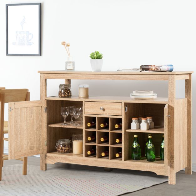 Rustic Cupboard Storage Organizer with 2 Cabinets and 1 Drawer 9-Bottle Wine Rack-Natural