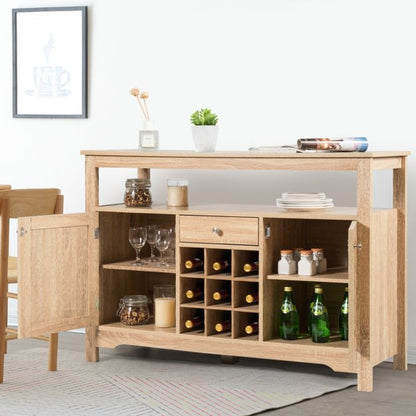 Rustic Cupboard Storage Organizer with 2 Cabinets and 1 Drawer 9-Bottle Wine Rack-Natural