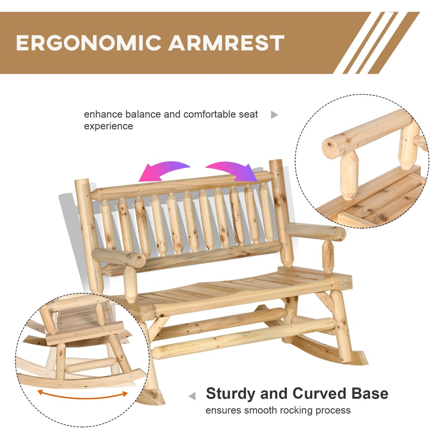 Outsunny Garden 2-Seater Rocking Bench Wood Frame Rough-Cut Log Loveseat Slatted High Back Rustic Style w/ Armrests Garden Outdoor Furniture, Natural