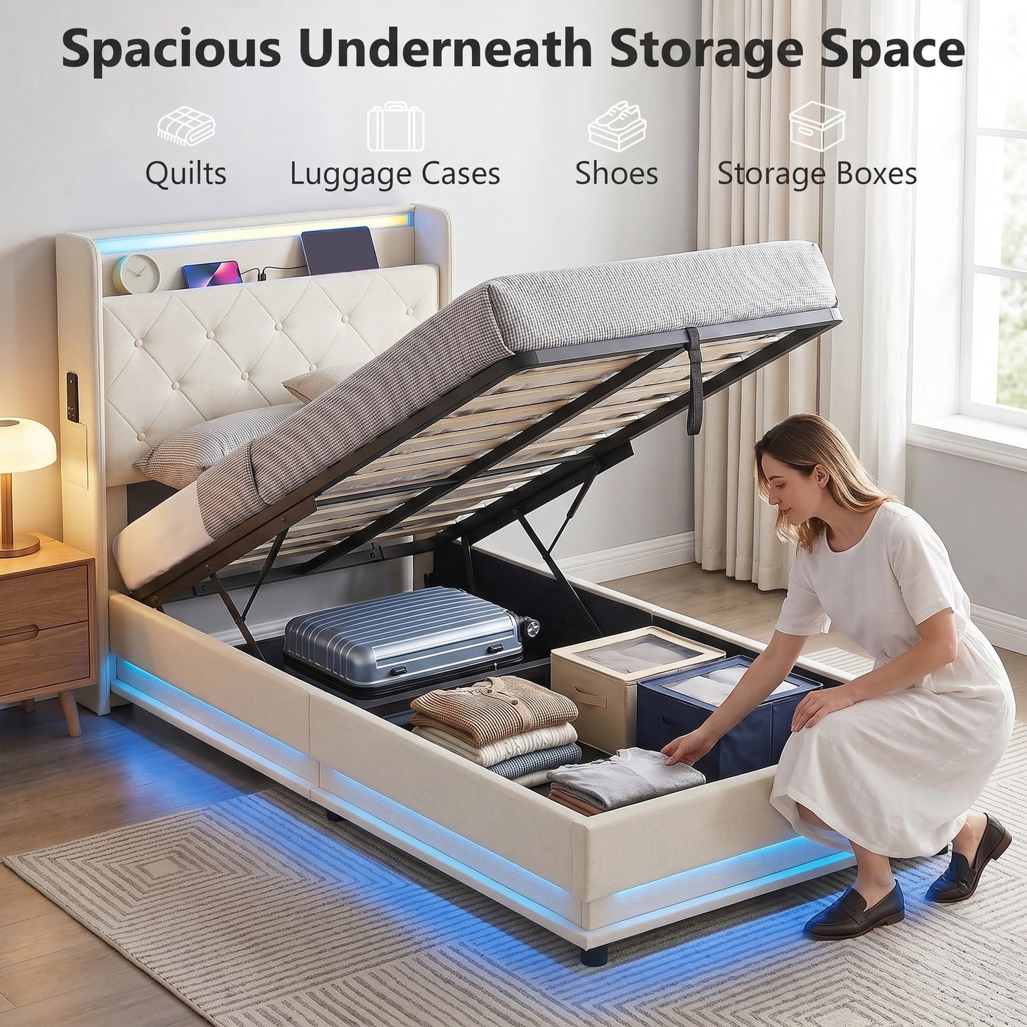 HOMCOM 3ft Single Bed Frame with Headboard, Platform Bed Frame with Hydraulic Storage, LED Lights and Charging Station, White