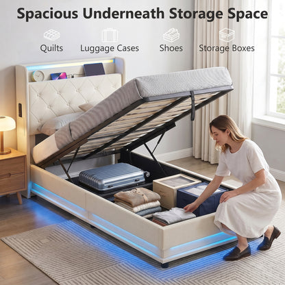 HOMCOM 3ft Single Bed Frame with Headboard, Platform Bed Frame with Hydraulic Storage, LED Lights and Charging Station, White