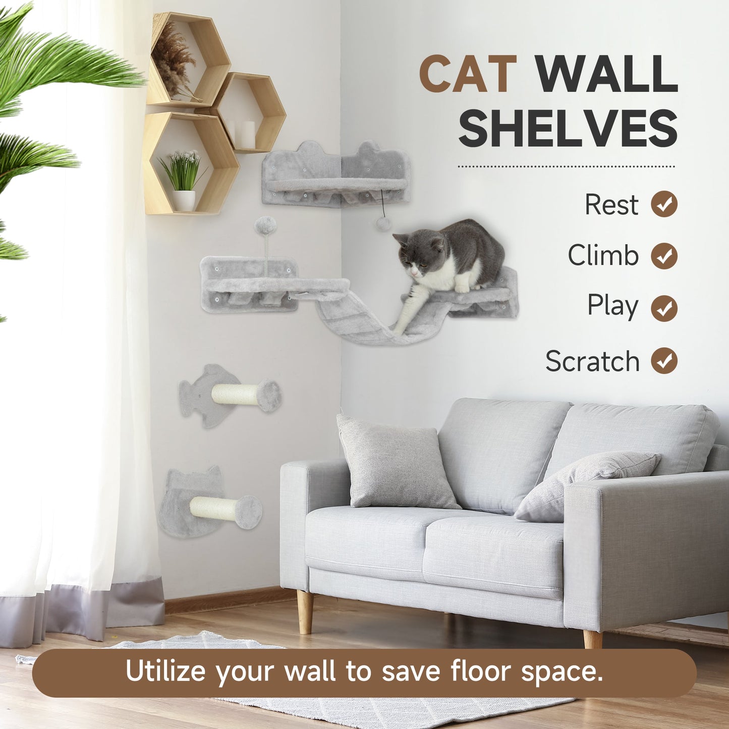 PawHut 4PCs Cat Wall Shelves with Steps, Ladder, Jumping Platforms, Light Grey