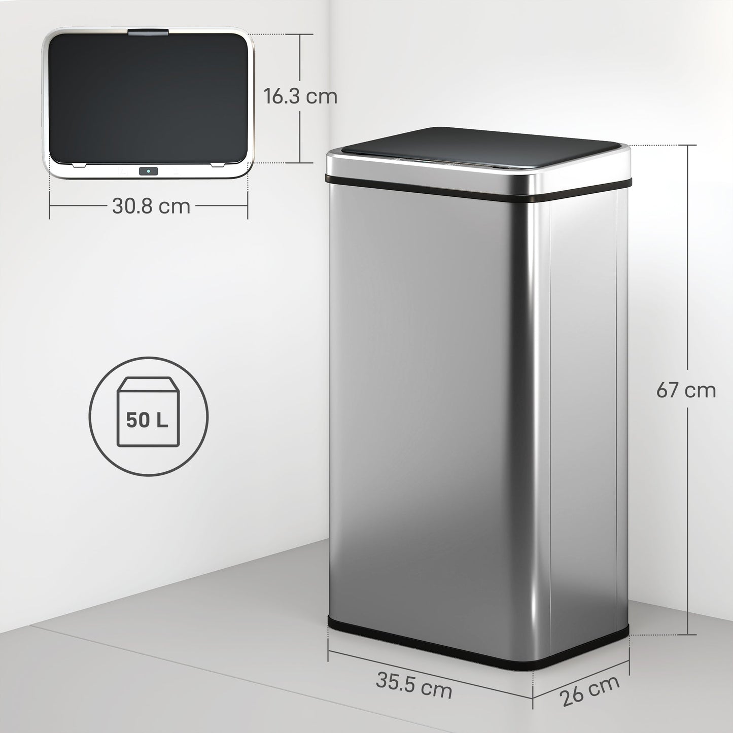 HOMCOM 50L Sensor Bin with Quiet Soft-Close Lid, Automatic Touchless Motion Sensor Kitchen Bin with Fingerprint Resistant Stainless Steel for Hygienic Gyms, Home Office Use, Silver Tone