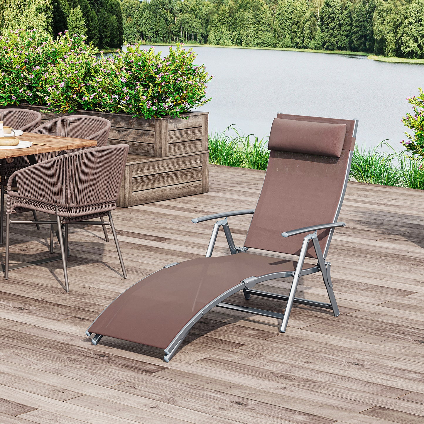 Outsunny Sun Lounger Steel Frame Outdoor Folding Chaise Texteline Lounge Chair Recliner with Headrest & 7 Levels Adjustable Backrest, Brown