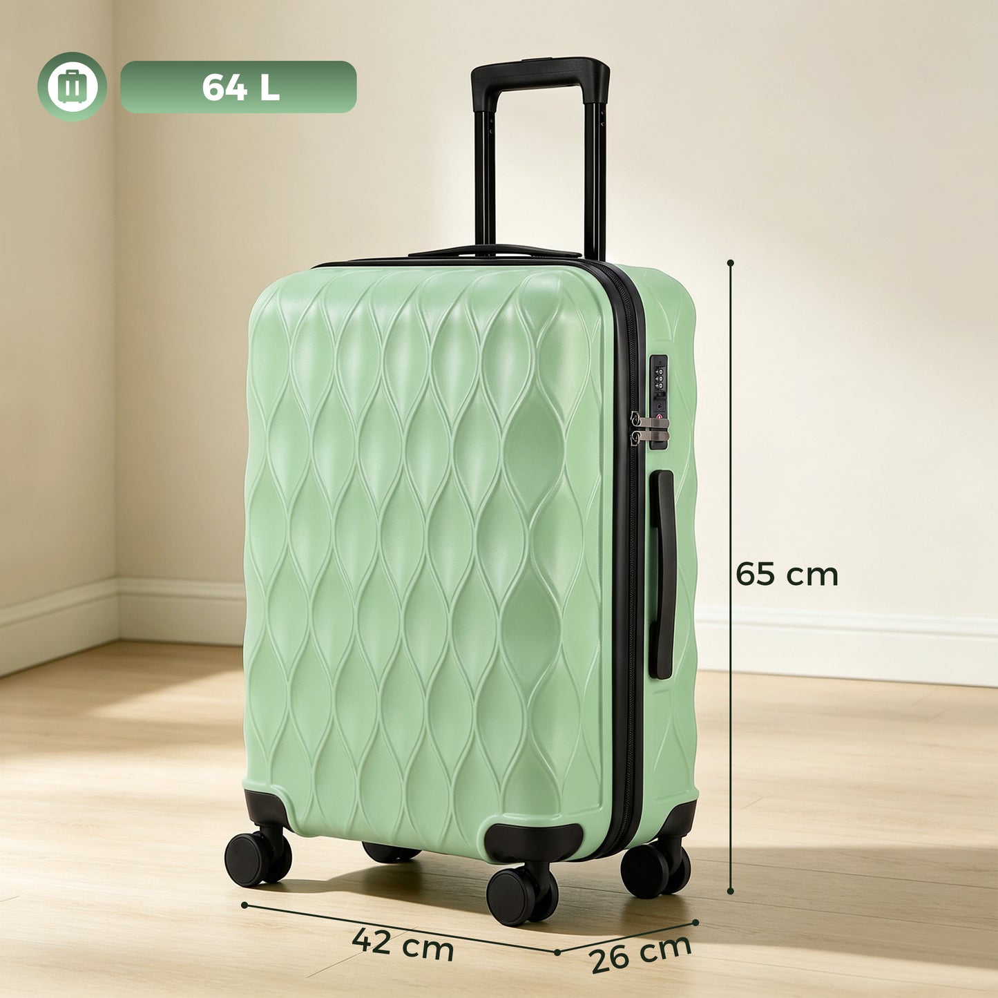 HOMCOM 26Inch 65cm Suitcase, ABS Hard Shell Checked Luggage with TSA Lock, Spinner Wheels, Telescopic Handle, Green