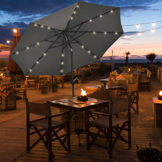 Outsunny 2,7 ​​m Parasol ogrodowy z 24 diodami LED, solarny, uchylny, na patio, klubowy, imprezowy, z korbą i 8 żebrami, szary