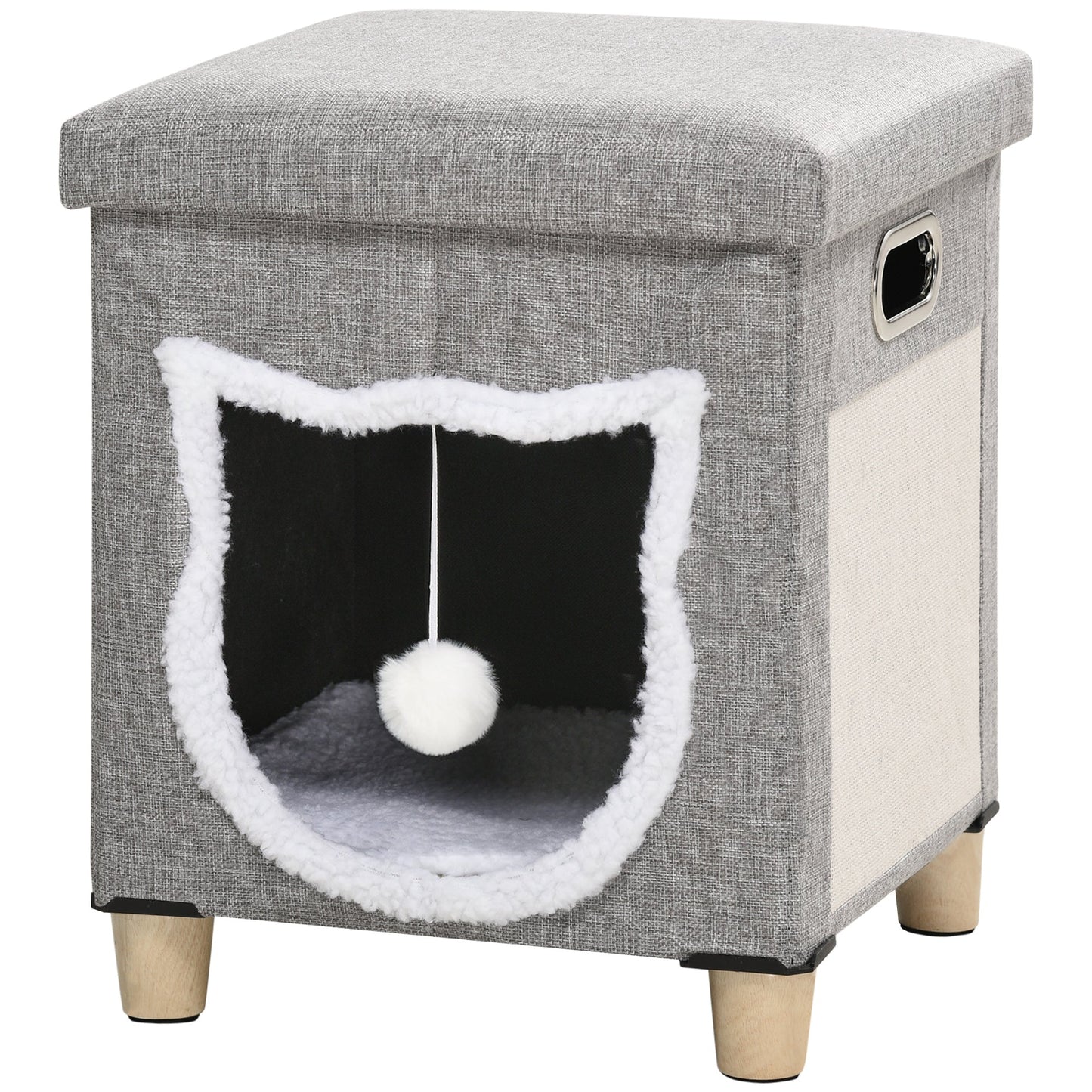 PawHut 2 in 1 Cat Bed Ottoman, Comfortable Cat Sleeping Cave House w/ Removable Cushion, Scratching Pad, Handles, Anti-Slip Foot Pad, Toy Ball Grey