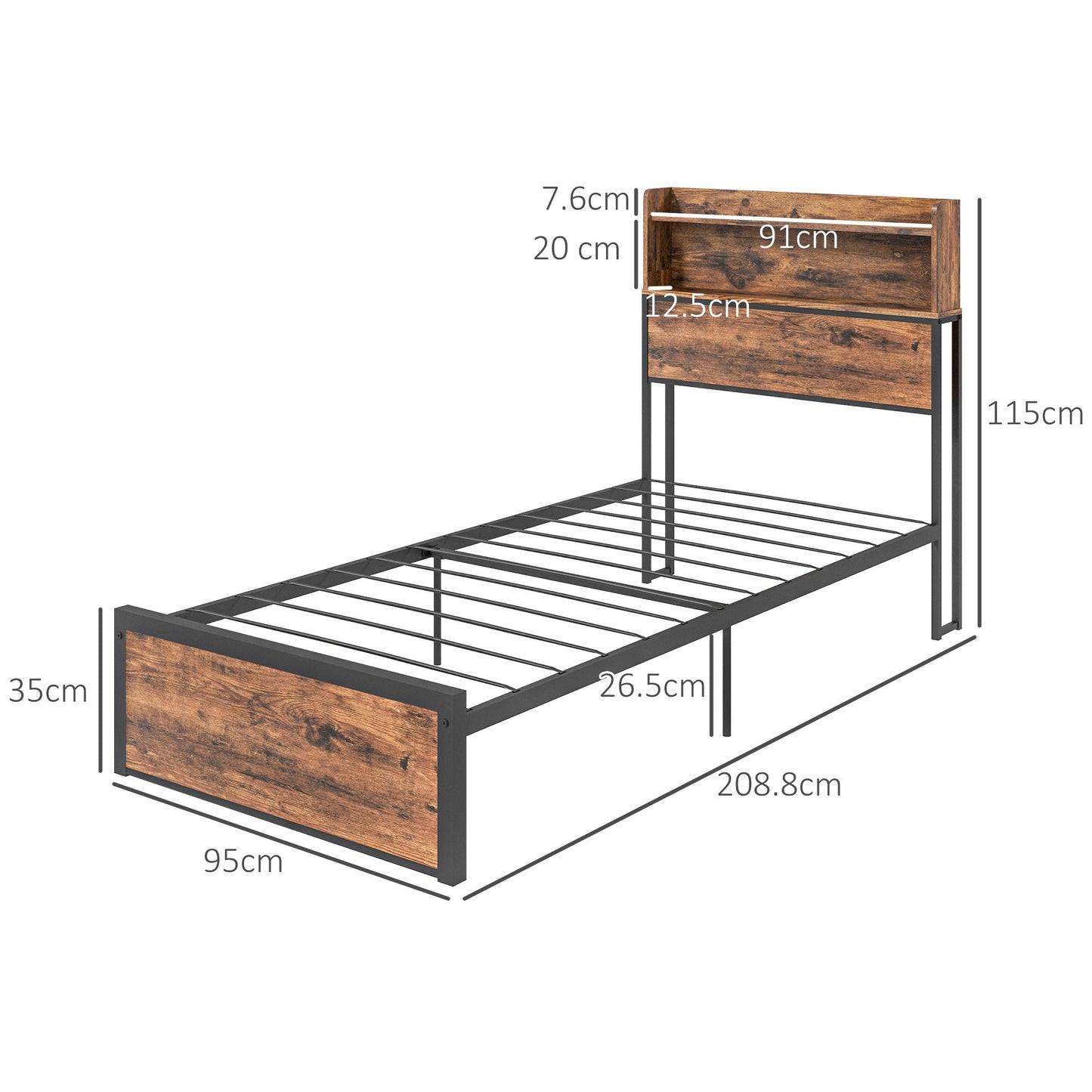 Retro Style Industrial Single Bed Frame, 3.1FT Steel Bed Base w/ Storage Headboard, Footboard, Under Bed Storage, 95 x 209cm, Rustic Brown