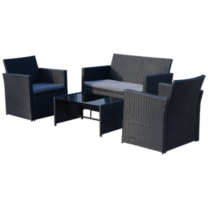 Outsunny 4 Pieces PE Rattan Garden Sofa Set with Cushions, Outdoor Patio Wicker Weave Conservatory Furniture Set with a Loveseat, 2 Armchairs and a Glass Top Coffee Table, Black