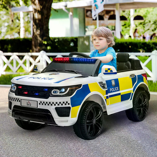 HOMCOM 12V Kids Electric Ride On Police Car 2 Motors with Parental Remote Control Siren Flashing Lights USB Portable for 3-6 Years White