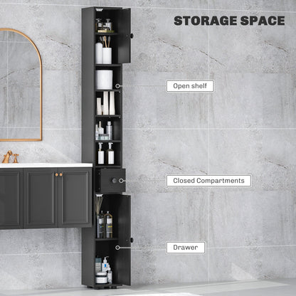 kleankin 180cm Slim Bathroom Cabinet, with Drawer, Shelves and Cupboards - Black