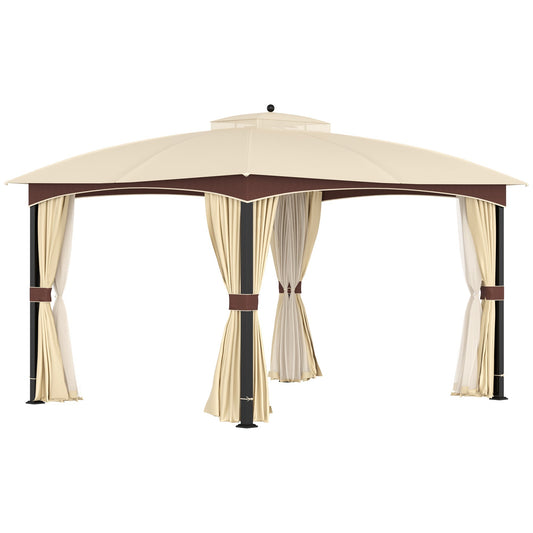 Outsunny 4 x 3(m) Patio Gazebo, Garden Canopy Shelter with Double Tier Roof, Removable Netting and Curtains for Lawn, Poolside, Khaki