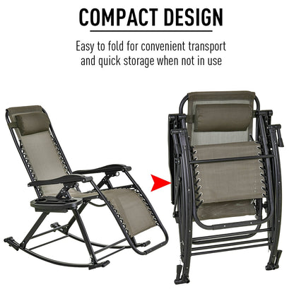 Outsunny Garden Rocking Chair Folding Recliner Outdoor Adjustable Sun Lounger Rocker Zero-Gravity Seat with Headrest Side Holder Patio Deck - Grey