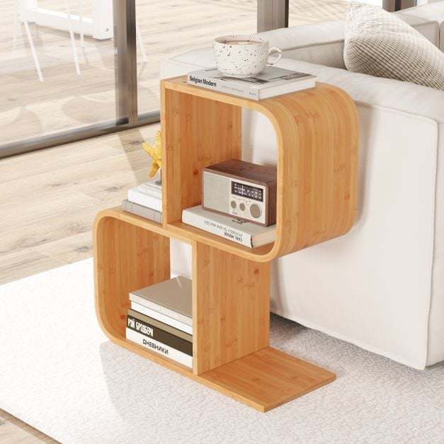 S-Shaped Bookcase Bamboo Bookshelf with 2 Open Cubes Set of 2