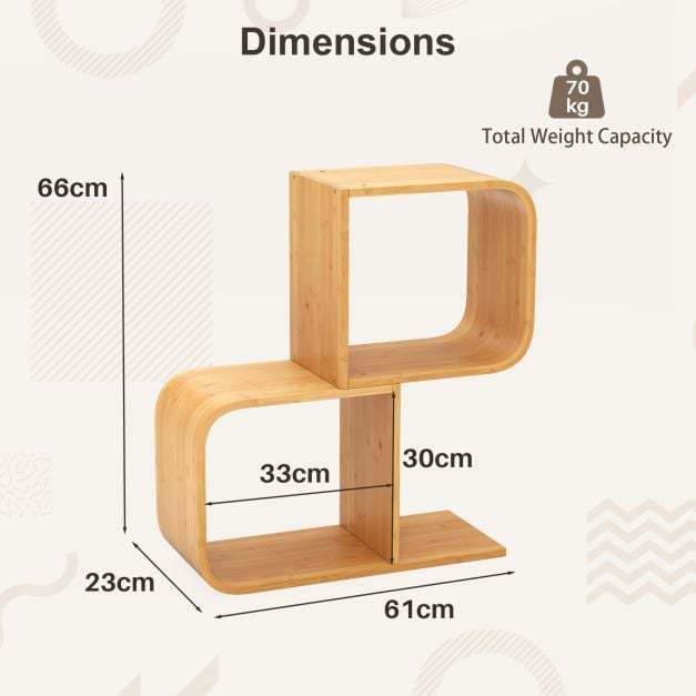 S-Shaped Bookcase Bamboo Bookshelf with 2 Open Cubes Set of 2