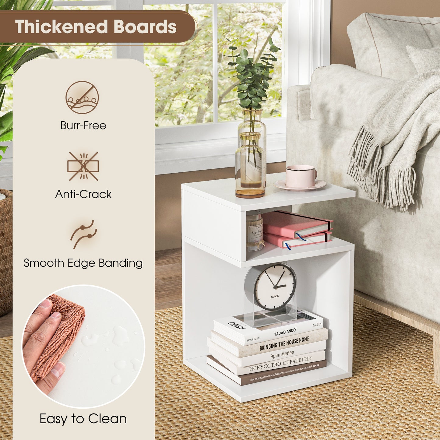 S-Shaped Side Table with 2 Open Compartments for Small Space Set of 2-White