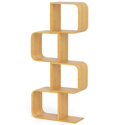 S-Shaped Bamboo Bookcase with 2 Open Cubes-Natural-4-Tier