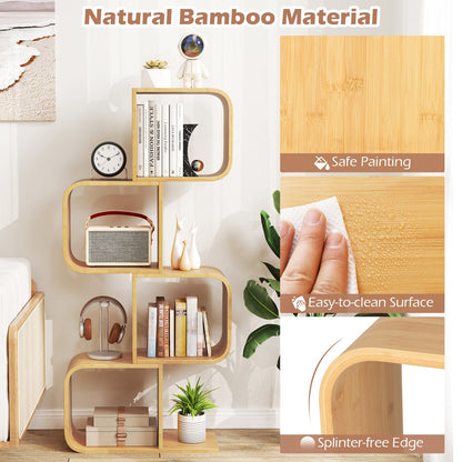 S-Shaped Bamboo Bookcase with 2 Open Cubes-Natural-4-Tier