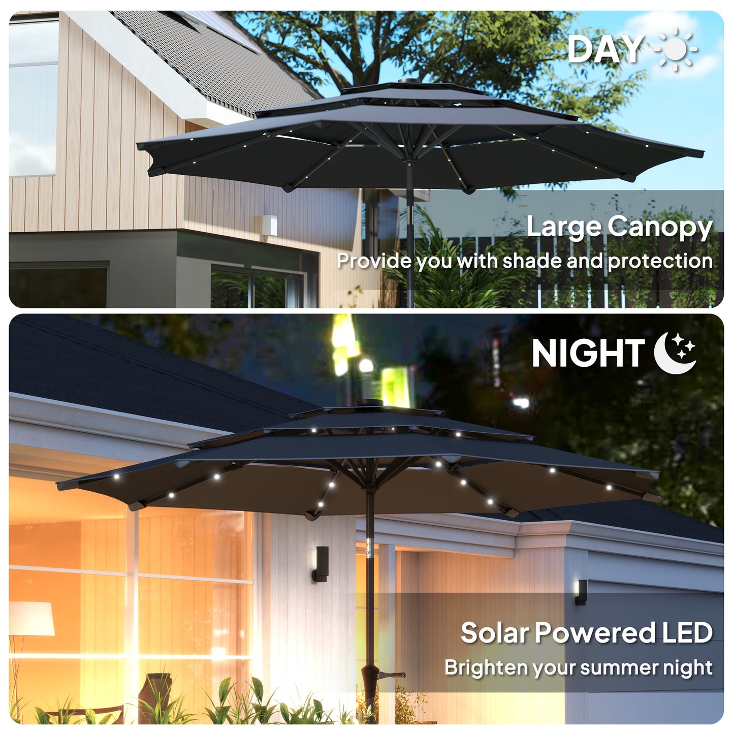Outsunny 3-poziomowy parasol ogrodowy z lampami LED zasilanymi energią słoneczną, UPF 30+, mechanizmem pochylania i korbą, na taras w kolorze ciemnoszarym
