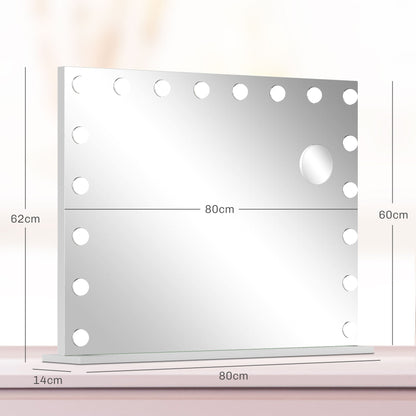 Lustro do makijażu HOMCOM Hollywood z oświetleniem, duże 80x62 cm podświetlane z 3 kolorami, 18 żarówkami LED, 10-krotnym powiększeniem, portem ładowania USB, ekranem dotykowym, do postawienia na stole lub do montażu na ścianie, białe