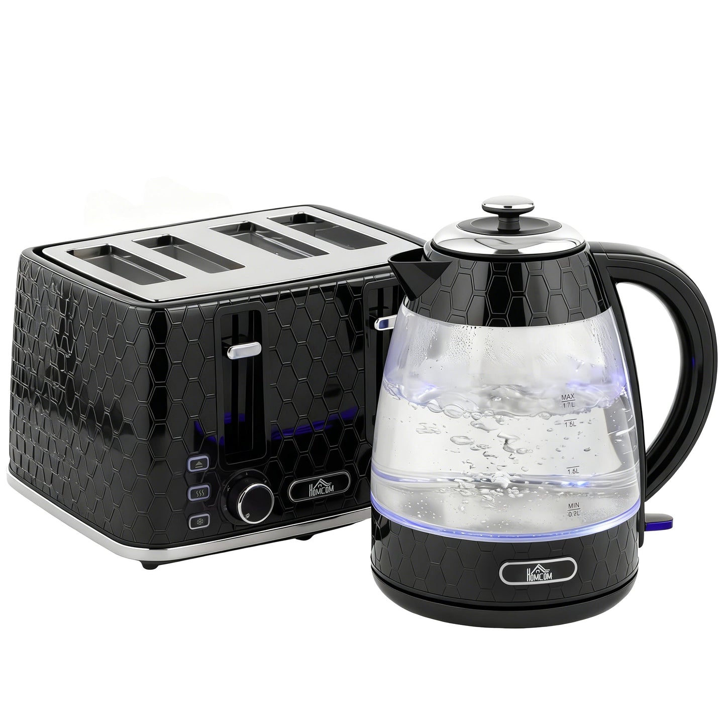 HOMCOM Kettle and Toaster Set, 1.7L 3000W Rapid Kettle with Strix Thermostat, 4 Slice Toaster with 7 Browning Controls, Black