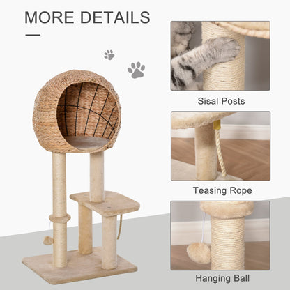 PawHut Cat tree Cat Tower 100cm Climbing Activity Center with Sisal Scratching Post Condo Perch Hanging Balls Teasing Rope Toy Cushion