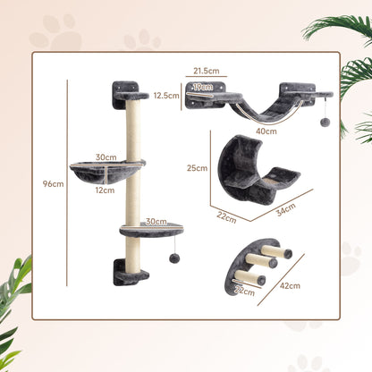 PawHut Four-Piece Cat Wall Furniture, with Hammock, Ladder, Platforms, Steps, for Indoor Use - Dark Grey