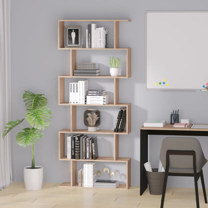 HOMCOM Bookcase, 6 Tier Shelf S Shaped Bookshelf, Storage Unit, Display Shelf for Living Room, Bedroom, Home Office, Plant, Maple