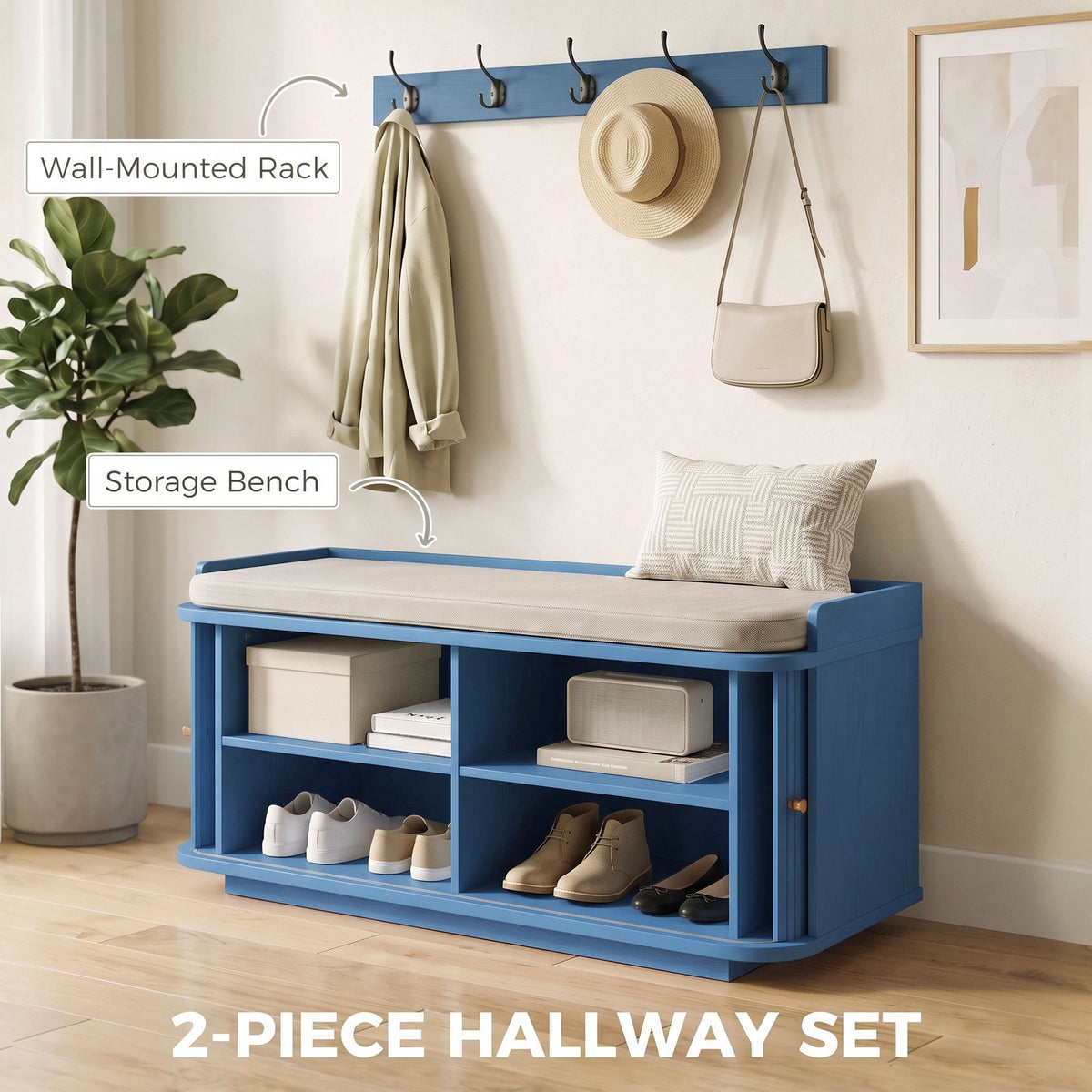HOMCOM Hallway Storage Unit, Hallway Furniture Set with Shoe Storage Cabinet and 5 Hooks Coat Rack, Blue