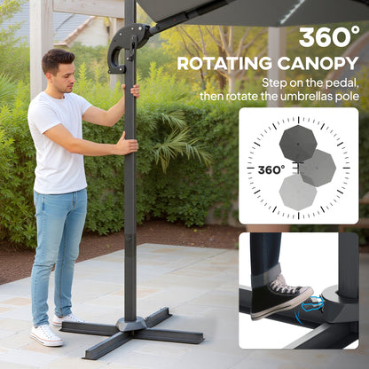 Outsunny 3(m) Cantilever Garden Parasol with Solar Powered Lights, Crank Handle & Cross Base, UPF 50+, 360° Rotation, Dark Grey