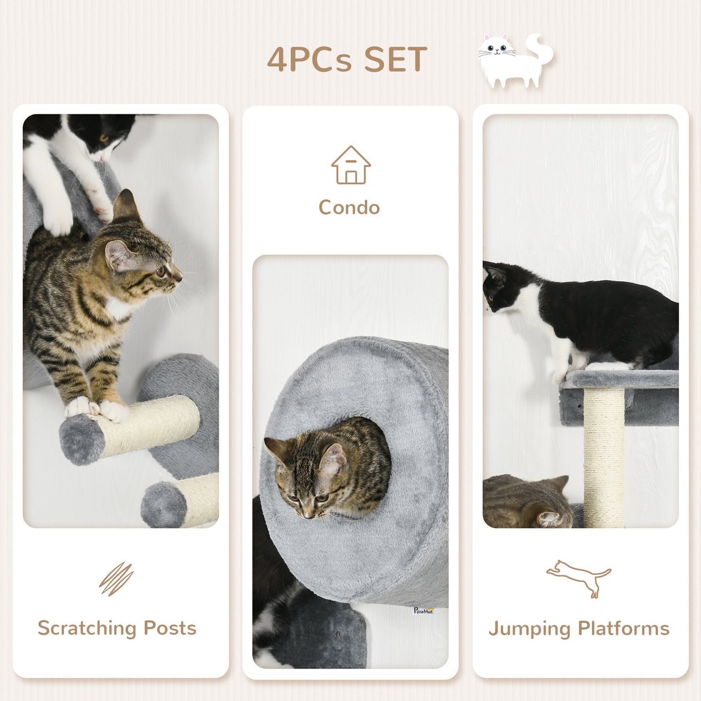 PawHut 4PCs Wall-Mounted Cat Tree, with Steps, Perch, Cat House - Grey