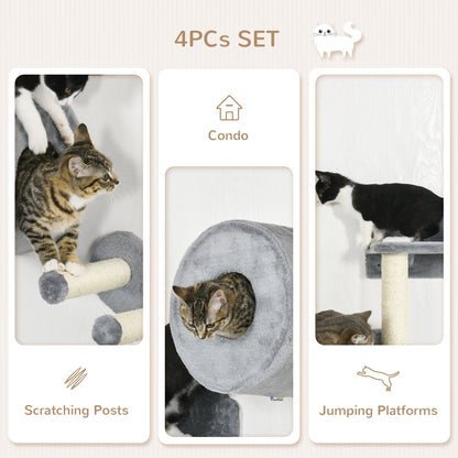 PawHut Four-Piece Wall-Mounted Cat Tree, with Steps, Perch, Cat House - Grey