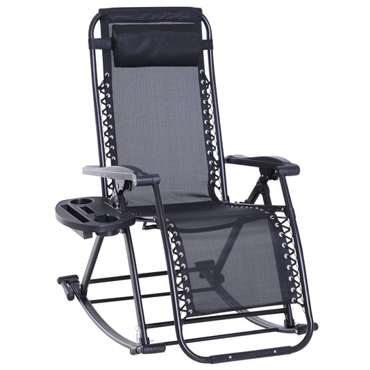 Outsunny Foldable Garden Rocking Chair, Outdoor Recliner Sun Lounger with Breath Mesh Fabric, Zero-Gravity Seat with Headrest, Cup Holder Tray, Black