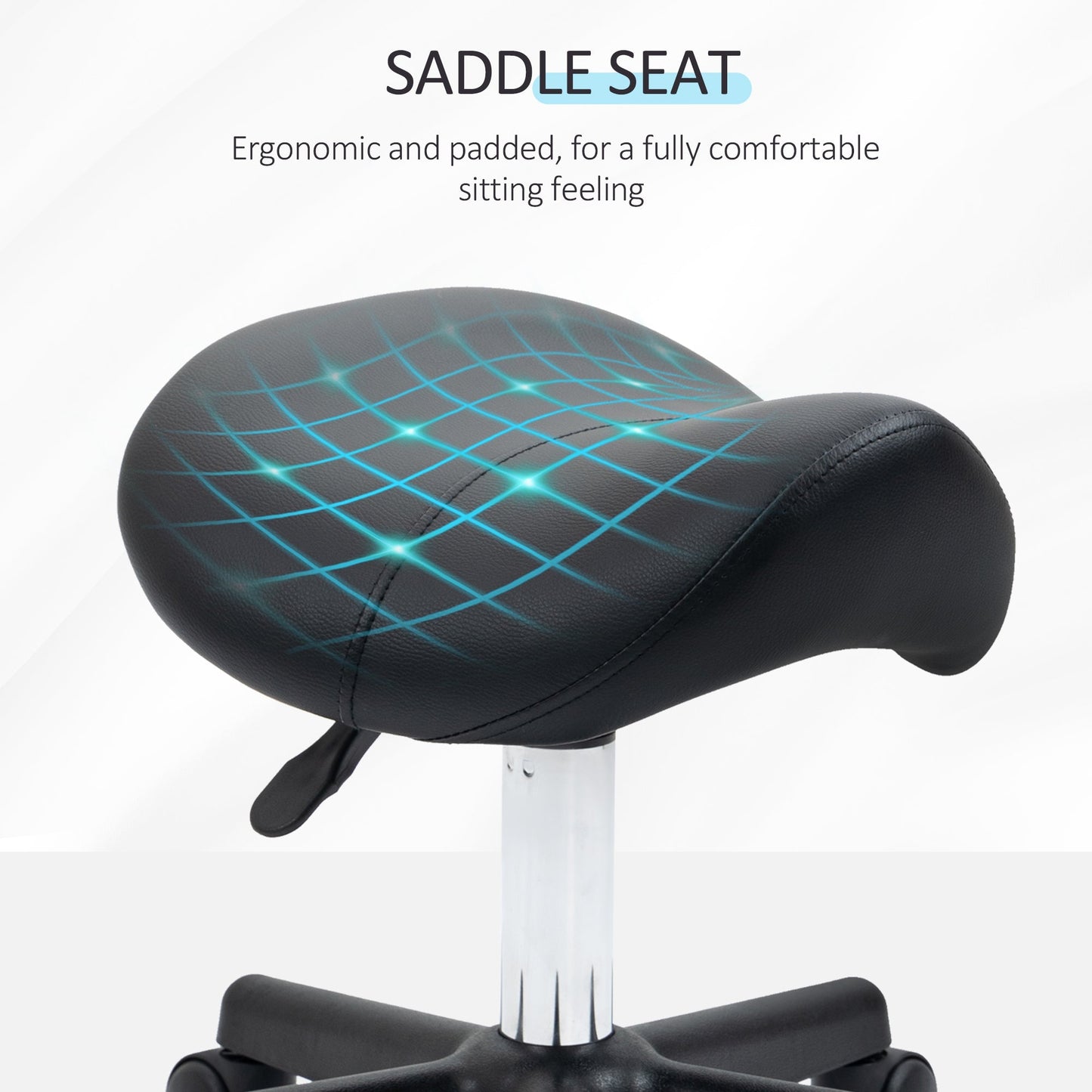 Saddle Stool, PU Leather Adjustable Rolling Salon Chair with Steel Frame for Massage, Spa, Beauty and Tattoo, Black