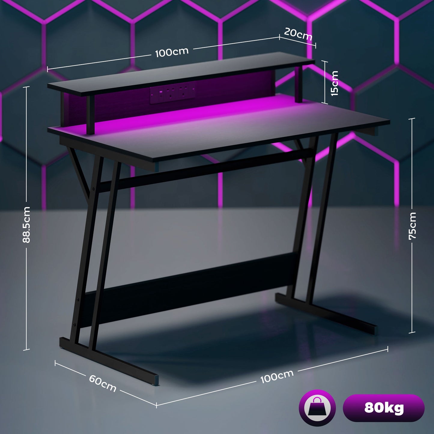 Biurko gamingowe HOMCOM z oświetleniem LED i gniazdami zasilania, 100 x 60 cm, biurko komputerowe w kształcie litery Z z podstawą pod monitor i stalową ramą, stół do gier na PC do domowego biura, czarny