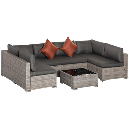 Outsunny 6-Seater Garden Rattan Furniture PE Rattan Sofa Set، أثاث خارجي مناسب لجميع الأحوال الجوية، مع طاولة قهوة من الزجاج المقسى، رمادي غامق