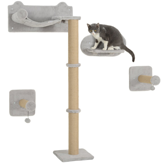 PawHut 4 Piece Cat Shelves w/ Scratching Post, Steps, Jumping Platform, Ladder, Toy Balls, for Indoor Cats, Light Grey