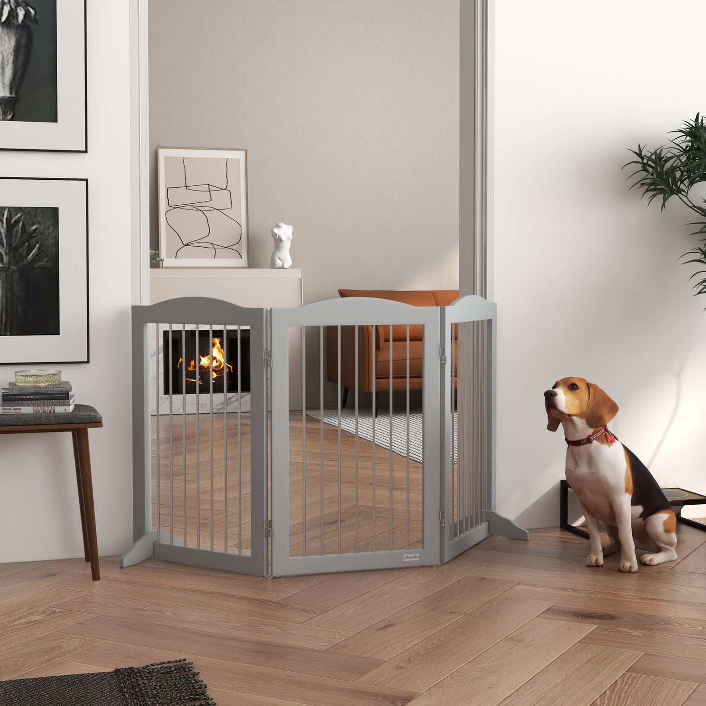 PawHut Foldable Dog Gate, Freestanding Pet Gate, with Two Support Feet, for Staircases, Hallways, Doorways - Grey